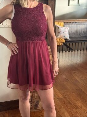 Speechless Burgundy Lace & Chiffon Mini Dress